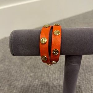 tory burch muller leather double wrap stud bracelet orange and gold